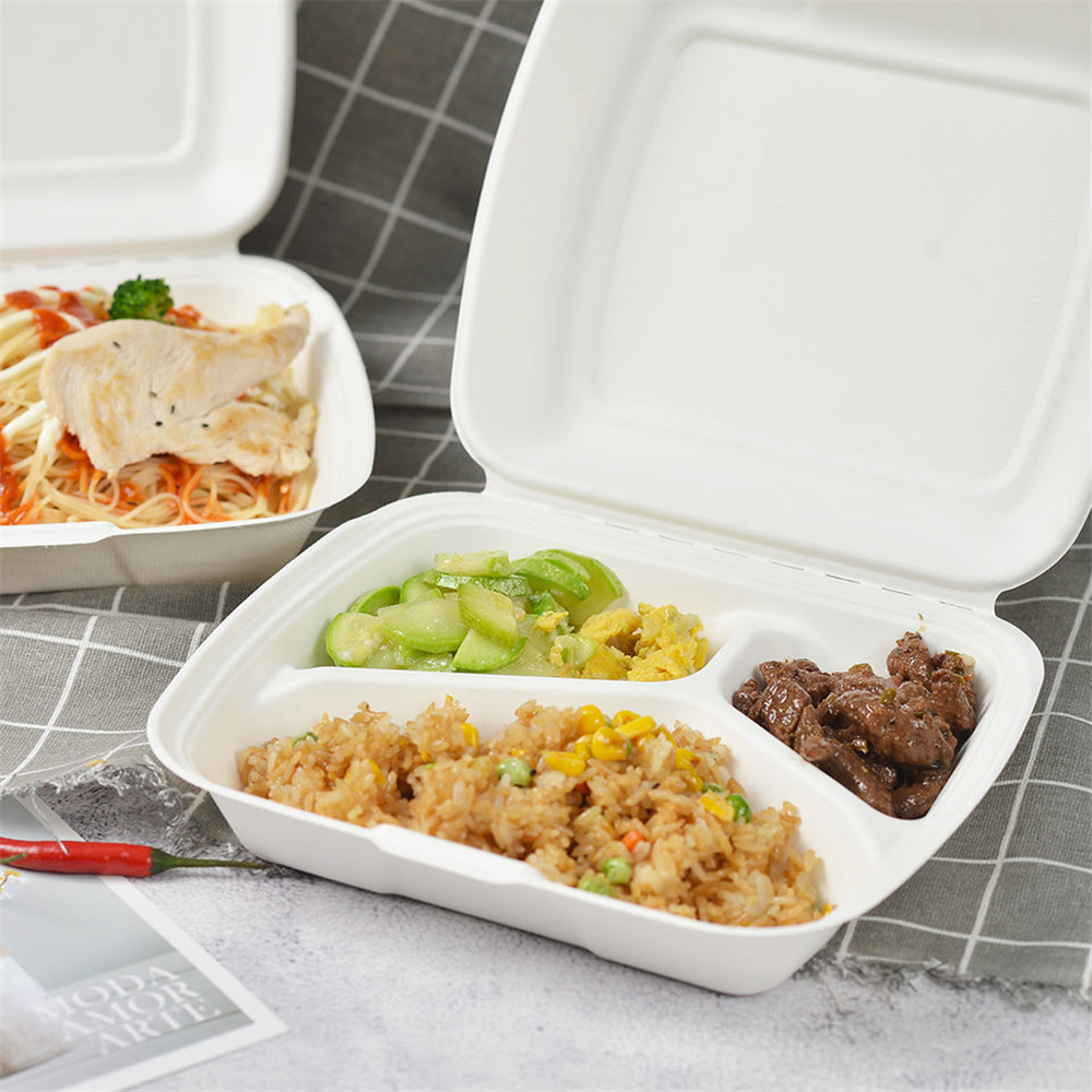 9 Inch 3 compartment Bagasse Containers Compostable Disposable Heavy Duty Sugarcane Pulp Clamshell