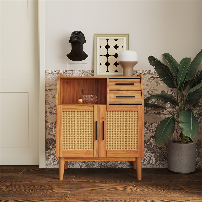 Farmhouse Sideboard Buffet Accent Storage Cabinet, with Rattan Doors and drawers, for Hallway, Entryway, Dining Room, or Living Room, Oak color