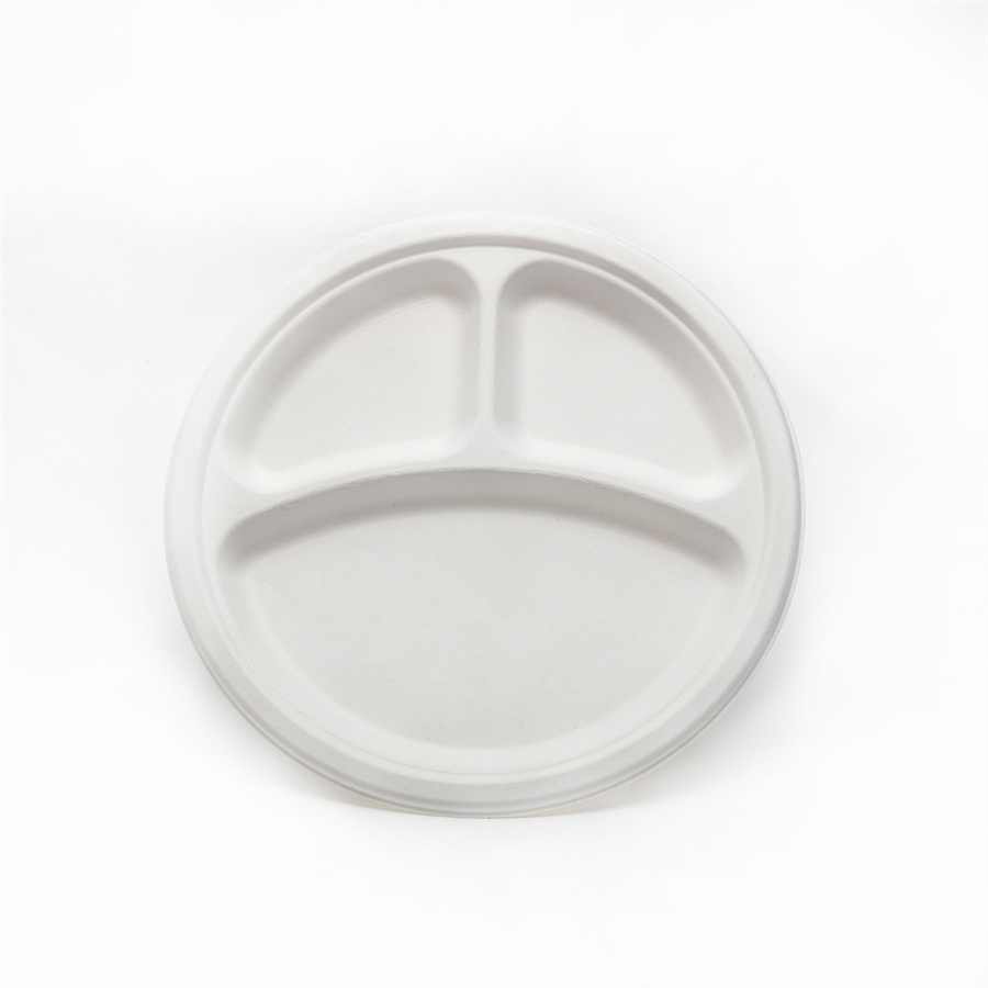 Wholesale Eco-friendly Heavy Duty 10 Inch Round Plates 3 Compartment Compostable Sugarcane Disposable Paper Plates