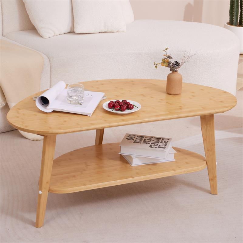 Large Double-Layer Oval Coffee Table With Storage Shelf in Mid Century Modern Style for Living Room or Bedroom