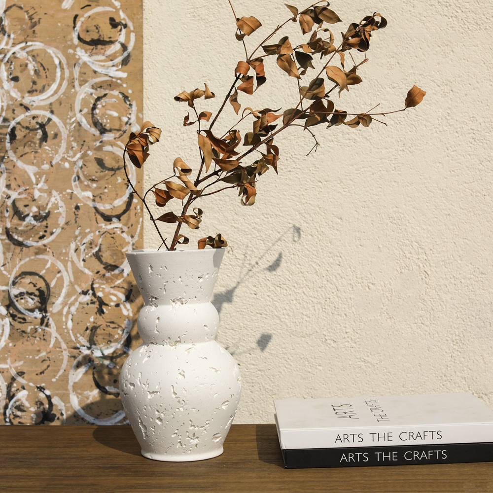 Living ArtStone Cave Stone Minimalist Table White Ceramic Vase